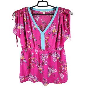 Womens The Pioneer Woman Floral Pink Blouse V Neck Short Sleeves Size L